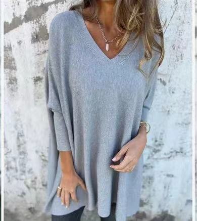 Chemise Longue Tricotée à Col V & Manches Longues