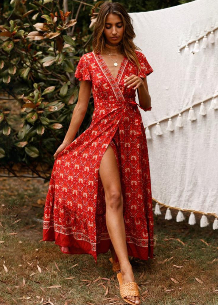 Robe Bohème Rouge Fendue Cache Coeur