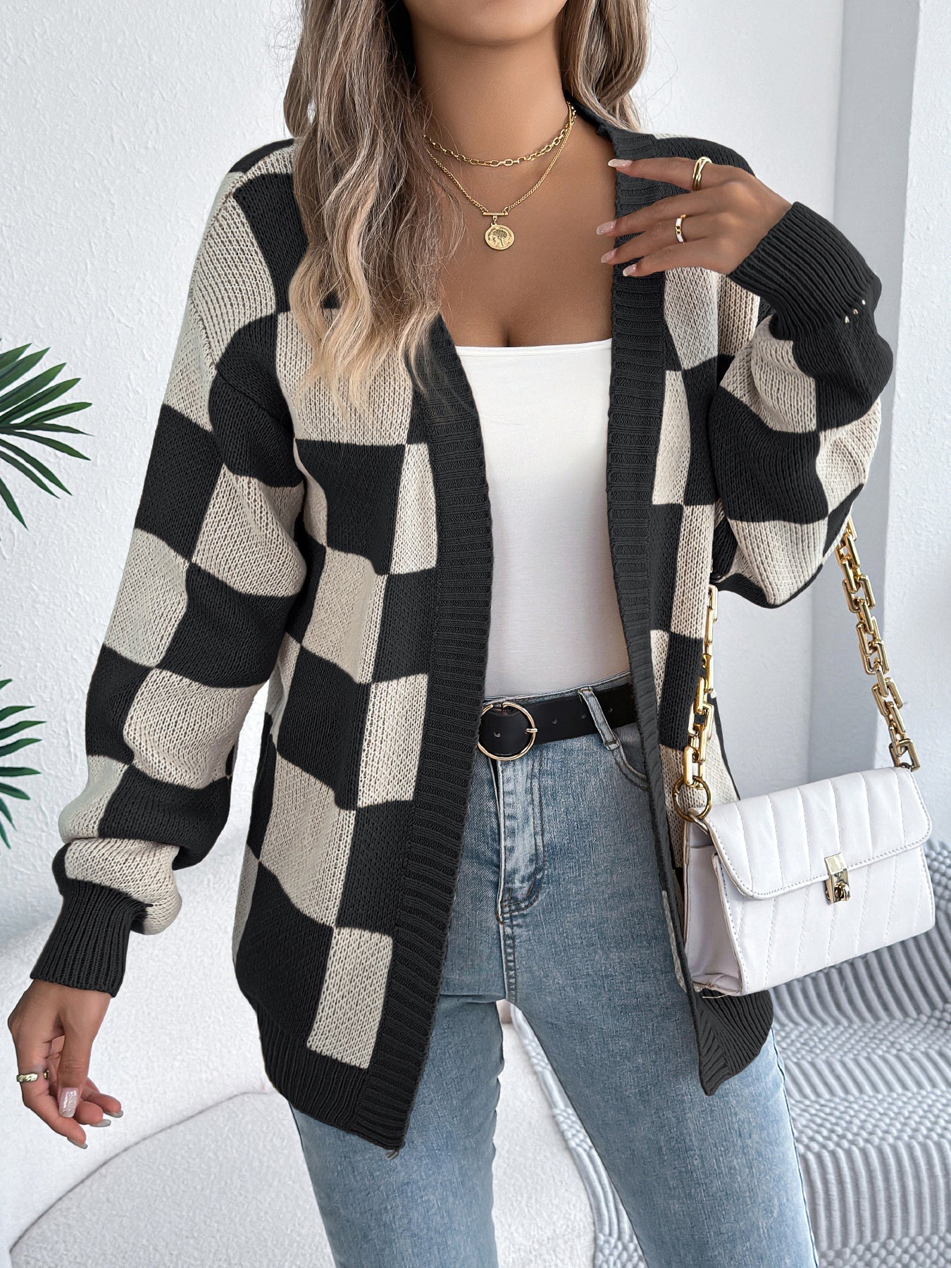 Cardigan Tendance à Carreaux Modernes