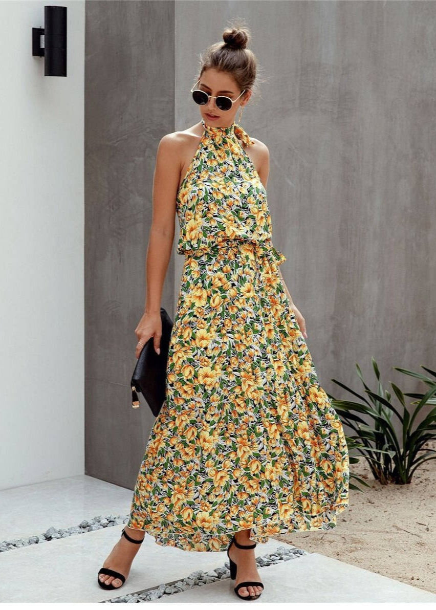 Robe Bohème Fleurs Jaune Vert