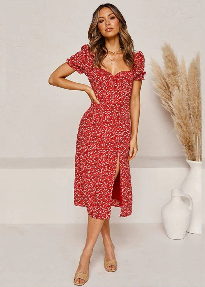 Robe Bohème Mi Longue Rouge Fendue